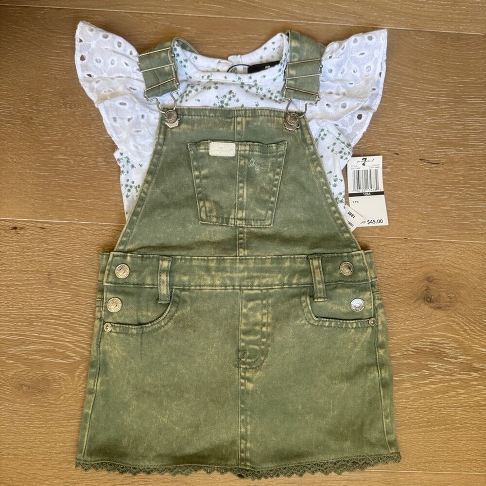 NWT 7 For all Mankind green denim Overall dress & floral ruffle top set 18 month